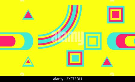 Abstraktes, nahtloses Design mit geometrischem Design. Abstraktes geometrisches Muster in leuchtenden gelben, blauen und rosa Farben mit Linien, Dreiecken und Rechtecken. Stock Vektor