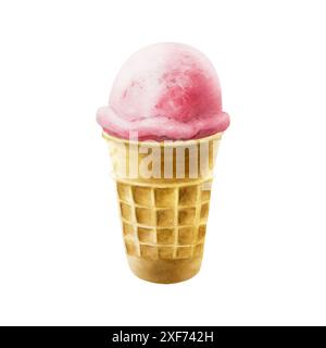 Eine Schaufel Erdbeere, Himbeereis in knuspriger Waffelschale. Handmalerei süße Aquarellillustration isoliert auf Hintergrund. Für Designer, Herren Stockfoto
