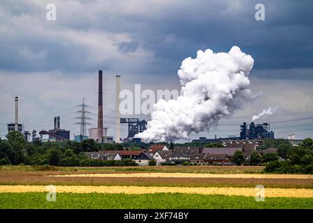 Hüttenwerke Krupp-Mannesmann, HKM in Duisburg-Hüttenheim, 2 Hochöfen, Kokerei, Wohnhäuser in Duisburg-Mündelheim, Löschwolke der Kokerei, NRW, Deutschland, HKM Stahlwerk *** Hüttenwerke Krupp Mannesmann, HKM Duisburg Hüttenheim, 2 Hochöfen, Kokerei, Wohngebäude Duisburg München, Löschwolke der Kokerei, NRW, Deutschland, HKM Stahlwerk Stockfoto