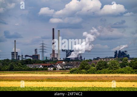 Hüttenwerke Krupp-Mannesmann, HKM in Duisburg-Hüttenheim, 2 Hochöfen, Kokerei, Wohnhäuser in Duisburg-Mündelheim, Löschwolke der Kokerei, NRW, Deutschland, HKM Stahlwerk *** Hüttenwerke Krupp Mannesmann, HKM Duisburg Hüttenheim, 2 Hochöfen, Kokerei, Wohngebäude Duisburg München, Löschwolke der Kokerei, NRW, Deutschland, HKM Stahlwerk Stockfoto