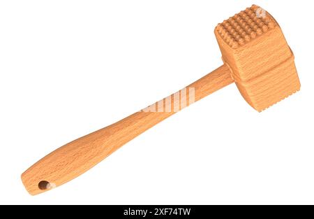 Holzfleischhammer-Tenderizer, 3D-Rendering isoliert auf weißem Hintergrund Stockfoto