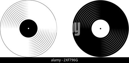 Symbole für schwarz-weiße Schallplatten mit Grammophon. LP- oder Long-Wiedergabe von Musikaufzeichnungen. DJ-Ausrüstung. Techno-Party oder Diskotheken-Nostalgiekonzept der 70er 80er 90er Jahre. Vektorgrafik. Stock Vektor