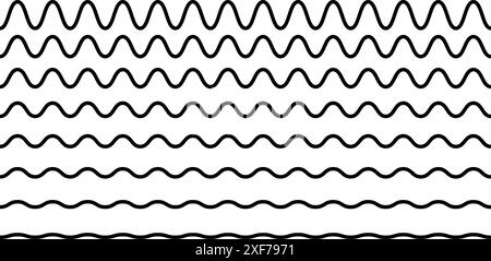 Satz wackeliger horizontaler Linien. Gewellte Ränder. Sinus- oder Kosinuskurven. Symbole für Wasser, Flüssigkeit, Luft oder Wind. Fluss-, Meer-, See- oder Ozeanschilder isoliert auf weißem Hintergrund. Vektorgrafik. Stock Vektor