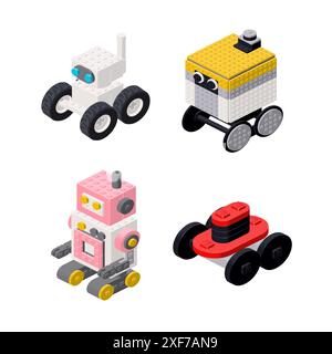 Eine Reihe isometrischer Roboter, die aus Würfeln zusammengesetzt sind. Vektor Stock Vektor