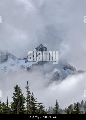 Washington State, Mount Rainier National Park. Tatoosh Range, Pinnacle Peak, der aus den Wolken auftaucht Stockfoto