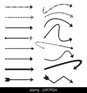 Sammlung der Pfeilsymbole. Verschiedene schwarze Stile. Geschwungene und gerade Designs. Pfeile des geometrischen Vektors. Stock Vektor