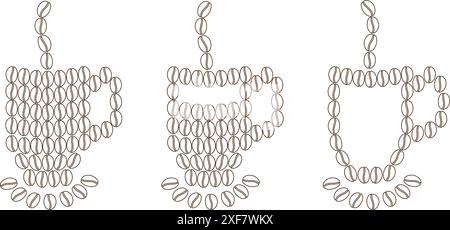 Tassen mit Dampf und Untertasse aus Kaffeebohnen. Grußkarte, Logo, Icon Design Konzept. 3er-Set. Vektorisolierung EPS. Begrüßung zum Kaffeetag, Aufkleber, Symbol oder Banner, Preisschild, Etikett oder Web-Idee Stock Vektor