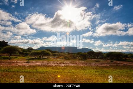 Weitsicht Bergkette, afrikanische Landschaft Outback Panorama, Akazienbäume Stockfoto