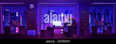 In der Nacht leeres Business-Büro oder Coworking Room mit Computermonitor auf Tischen, Tafel mit Aufgabenschildern und neonleuchtendem Stadtfenster. Karikaturvektor dunkler Abend Firmenarbeitsschrank. Stock Vektor