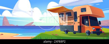 Wohnmobil am Meer- oder Seestrand mit Sand und grünem Grasufer, ruhigem Wasser und Steinen. Cartoon-Vektor-Wohnmobil am sonnigen Sommertag. Meereslandschaft mit Wohnwagen während der Urlaubsreise. Stock Vektor