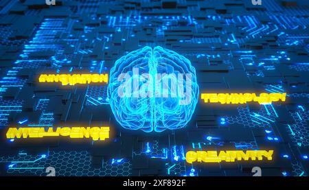 Konzeptuelle Zusammensetzung eines glühenden menschlichen Gehirns auf einer Leiterplatte. 3D-Rendering. Stockfoto