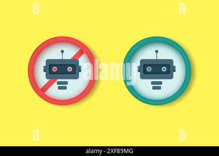 3D-Symbole eines Chatbots mit künstlicher Intelligenz in einem Verbotszeichen. Vektorabbildung. Stock Vektor