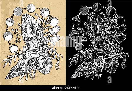 Himmlische mystische Pilze mit zauberhaften und dekorativen Blumenelementen, Schädel, Mondphasen, Hexensymbole. Esoterische und Hexenobjekte, Tattoos Stock Vektor