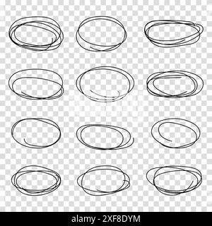 Satz von handgezeichneten schwarzen Kreisen und Ovarien. Markieren Sie Kreisrahmen. Ellipsen im Kritzelstil. Vektordarstellung isoliert auf weißem Hintergrund. Stock Vektor