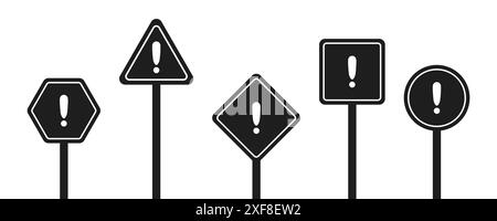 Set aus runden, quadratischen, rhombischen, dreieckigen und sechseckigen schwarzen Straßenschildern mit Ausrufezeichen. Warnschild. Vektorsymbole für Warnungen über den Standort Stock Vektor