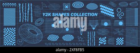 Abstrakte Geometrie hud Drahtmodellformen und -Muster, Cyberpunk-Elemente, Symbole und perspektivische Gitter sowie surreale geometrische Zeichen. Rave Psychedelic Stock Vektor