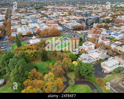 Blick aus der Vogelperspektive auf die Herbstbäume im Stadtzentrum mit grünem Parkland und historischen Gebäuden in Bendigo im Zentrum von Victoria, Australien Stockfoto