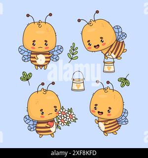 Niedliches Bienenset. Lustige Insektenfigur mit Blumenstrauß und Eimer Honig. Isolierte Elemente im Cartoon-Kawaii-Stil. Vektorabbildung. Kinder Stock Vektor