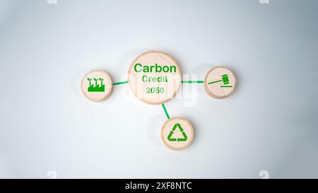 Netto Null bis 2050, Holzblock mit Carbon Cerdit Text in 2050 auf weißem Hintergrund, CO2 neutral, Netto Null Treibhausemissionen Ziel, Klima Stockfoto