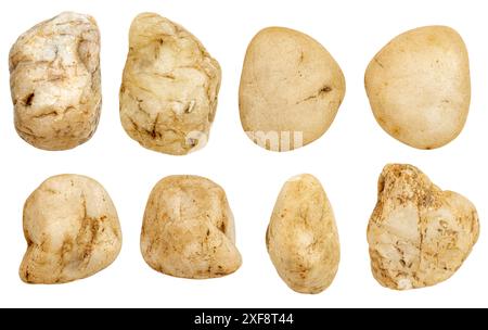 Vielfältige Sammlung von runden Kieselsteinen mit einzigartigen Texturen und Farben auf weißem Hintergrund. Mit glatten und rauen Oberflächen in Braun. Bräune. Beige. Stockfoto