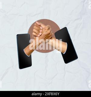 Zwei Menschen schütteln die Hand durch Smartphones und repräsentieren das Konzept virtueller Meetings und Remote Collaboration im digitalen Zeitalter Stockfoto