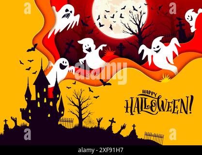 Halloween-Banner mit dunklem Schloss und Geistern auf dem Friedhof. Vektor-Grußkarte mit schwarzer Silhouette von Spukhaus, Friedhof, Zombie-Händen und 3D wellenförmigem Rahmen mit lustigen Spoks und Fledermäusen Stock Vektor