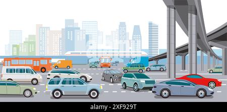 Stadtsilhouette einer großen Stadt mit Stau-Illustration Stockfoto