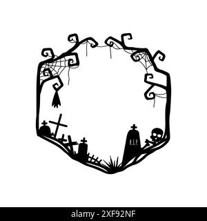 Halloween Grunge schwarzer Rahmen mit Vektorgrenzen von gruseligen Fledermaus und Horror Spinnen Spinnennetz Silhouetten. Gruselige Halloween-Friedhof-Rahmen aus gruseligen Bäumen, Grabsteinen und Schädel, Knochen und Grabsteinkreuzen Stock Vektor