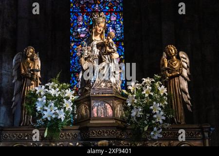 Jungfrau von Roncesvalles., Königliche Stiftskirche Santa María de Roncesvalles, Orreaga, Santiago's Road, Navarra, Spanien Stockfoto