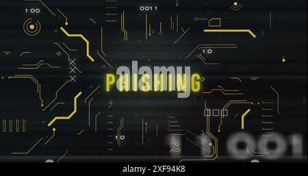 Abbildung: Phishing-Textbanner über Datenverarbeitung und Mikroprozessorverbindungen Stockfoto