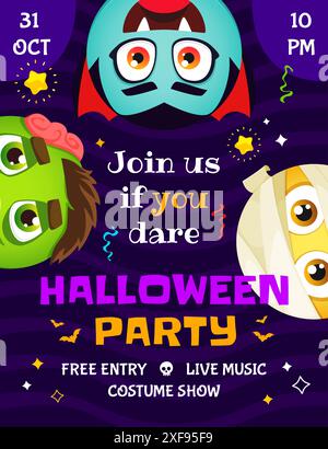 Halloween-Partyflyer mit Comic-Emoji-Gesichtern. Vektor-Poster mit Dracula, Zombie und Mumien sorgen für Stimmung für eine Nacht voller gruseliger Zeiten. Kommen Sie mit, wenn Sie es wagen, einen gruseligen Schlag zu erleben Stock Vektor