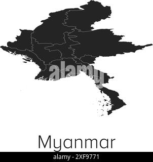 Myanmar Map Vector Illustration - Silhouette, Outline, Myanmar Travel and Tourism Map Stock Vector