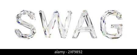 Swag-Wort, angeordnet durch Buchstaben aus natürlichem transparentem, diamantähnlichem Material. 3D-Darstellung eines Glasworts auf weißem Hintergrund Stockfoto