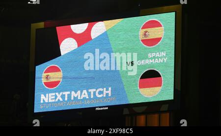 Köln, Deutschland. 30. Juni 2024. firo : 30.06.2024, Fußball: UEFA EURO 2024, EM, Europameisterschaft 2024, Achtelfinale 1/8, M39, Match 39, ESP, Spanien - GEO, Georgia Scoreboard mit dem nächsten Spiel Deutschland Spanien Scoreboard mit dem folgenden Spiel Deutschland Spanien Credit: dpa/Alamy Live News Stockfoto