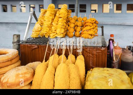 Street Food-Stand, der spiralgeschnittene, frittierte Kartoffelchips auf Spießen verkauft. Frittierte Spieße, asiatisches Streetfood. Frisch gekocht und auf einem Essen ausgestellt Stockfoto