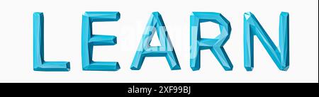 Lernen Sie das Wort, das durch Buchstaben aus niedrig polyblauem Material angeordnet ist. 3D-Illustration des grünen Pflanzenalphabets isoliert auf weißem Hintergrund Stockfoto