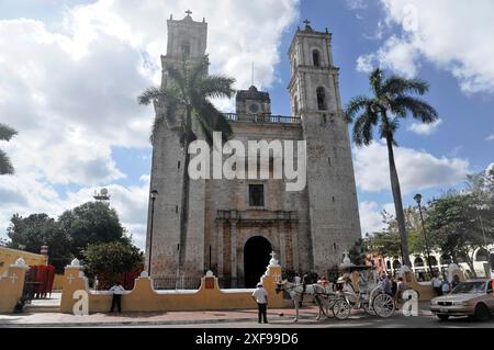 Kathedrale San Idelfonso am Plaza Mayor, Merida, Yucatan, Mexiko, Zentralamerika, eine historische Kirche mit zwei Türmen und Palmen im Vordergrund Stockfoto