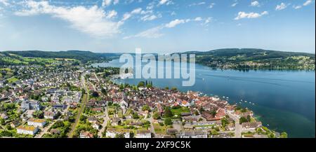 Luftaufnahme, Panorama der Gemeinde Steckborn am westlichen Bodensee, mit der Halbinsel Hoeri auf der rechten Seite, Kanton Thurgau, Schweiz Stockfoto