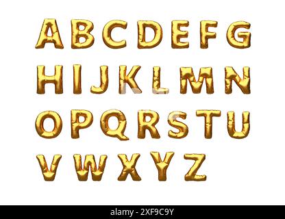 Goldene aufblasbare Ballonschrift, die das Alphabet bildet, isoliert auf weißem Hintergrund. Buchstaben im Stücklistensymbol. 3D-Rendering. Stockfoto