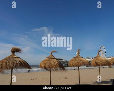 Strohdächer am Strand, im Hintergrund das Meer und ein Hafen, scheveningen, niederlande Stockfoto