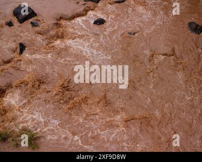 Aus nächster Nähe zeigt der mächtige Mekong seine schlammigen Wasserstraßen, die während der Regenzeit hart und schnell fließen. Stockfoto