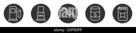 Symbolgruppe Tankstelle. Mit Benzin verbundene Symbole. Illustration des flachen Vektors. Stock Vektor
