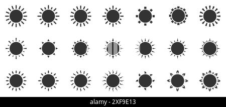 Set von Sonnensymbolen. Isoliert auf weißem Hintergrund. Illustration des flachen Vektors. Stock Vektor