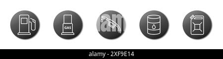 Symbolgruppe Tankstelle. Mit Benzin verbundene Symbole. Illustration des flachen Vektors Stock Vektor