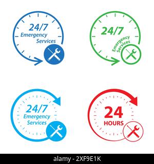 Notrufdienste 24-Stunden-Symbolsatz. Logo für Uhr, Schraubendreher und Schraubenschlüssel. Abzeichen, Zeit, Kunde, offen, Unterstützung, Lieferung. Illustration des abgewickelten Vektors. Stock Vektor