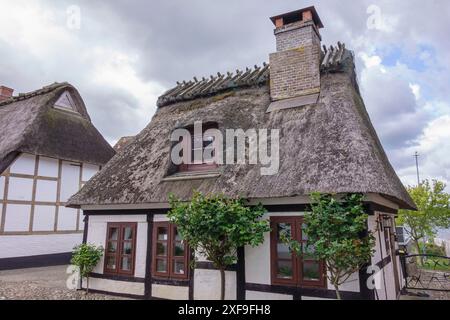 Fachwerkhäuser mit Strohdächern und Schornsteinen in gepflasterter Straßenumgebung und bewölktem Himmel, Maasholm, deutschland Stockfoto