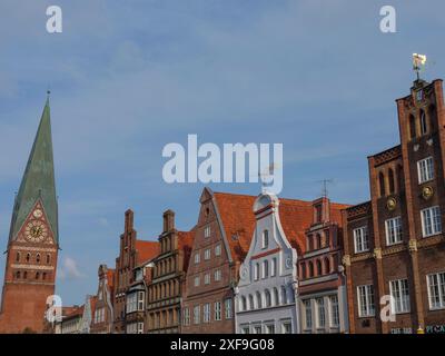 Stadtzentrum mit historischen Gebäuden, Kirchturm und orangefarbenen Dächern, die sich vom Himmel abheben, lüneburg, deutschland Stockfoto