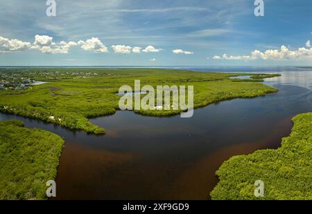 Blick von oben auf die everglades von Florida mit grüner Vegetation zwischen Meereswassereinlässen. Natürlicher Lebensraum vieler tropischer Arten in Feuchtgebieten. Stockfoto