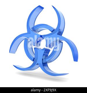 Glassymbol „Biohazard“ auf weißem Hintergrund. Isolierte 3D-Darstellung Stockfoto