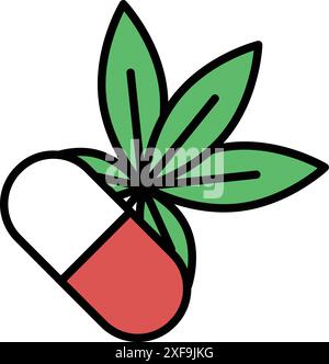 Eine Ikone oder ein Logo Medizinkapseln mit Cannabisblättern im Linienstil Stock Vektor